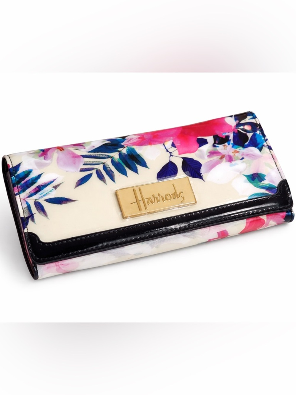 Harrods London Floral Wallet Pink Blue White Navy Trim NWOT